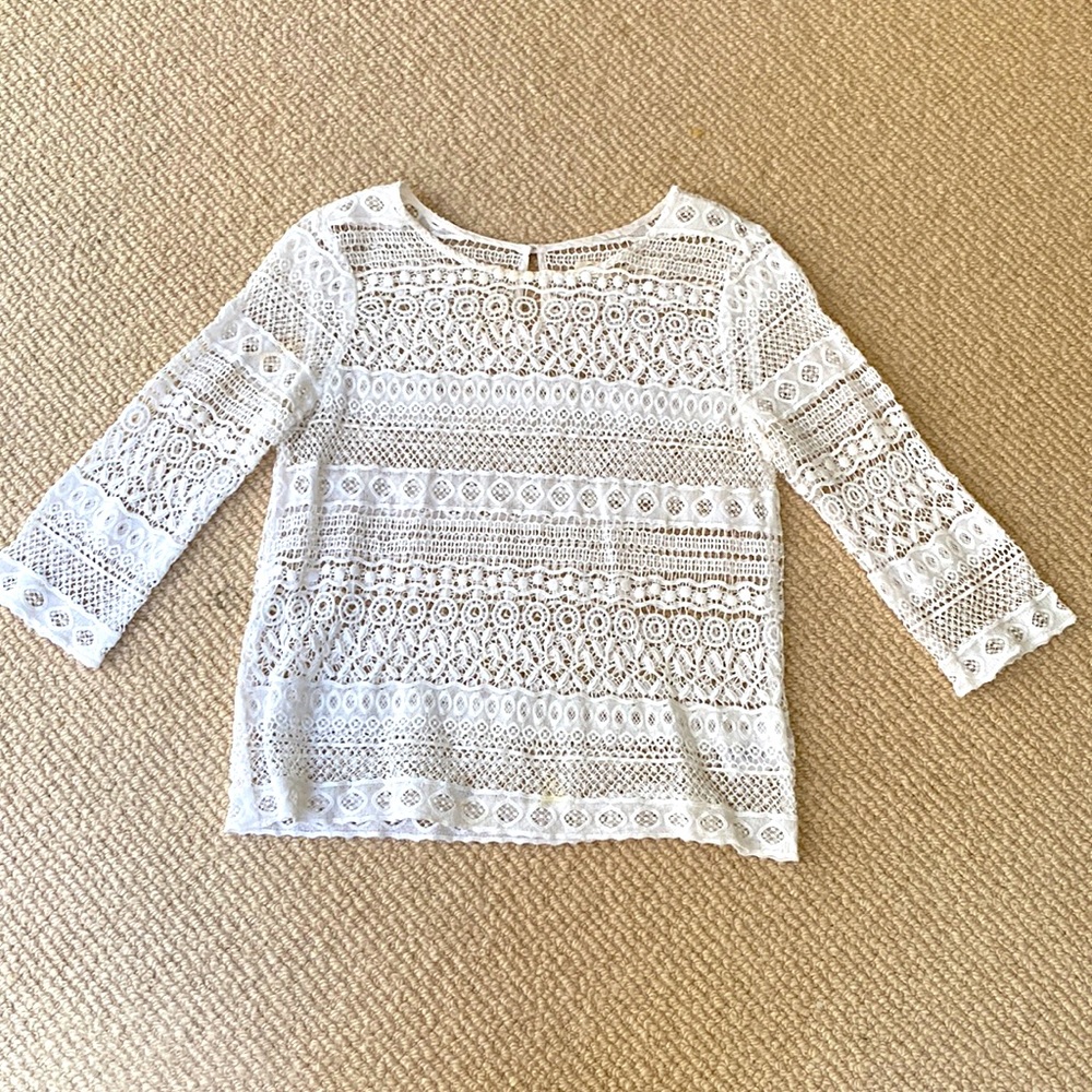 Graham & Spencer White Cotton Lace 3/4 Sleeve Top